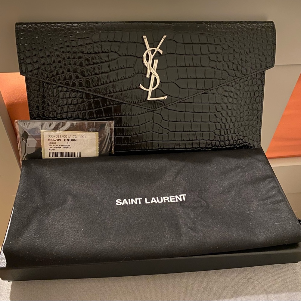 Saint Laurent Black Croc-Embossed Clutch